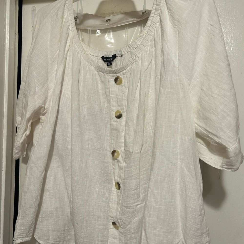 Unique Spectrum Cream Mock Button Down Short Sleeve Blouse